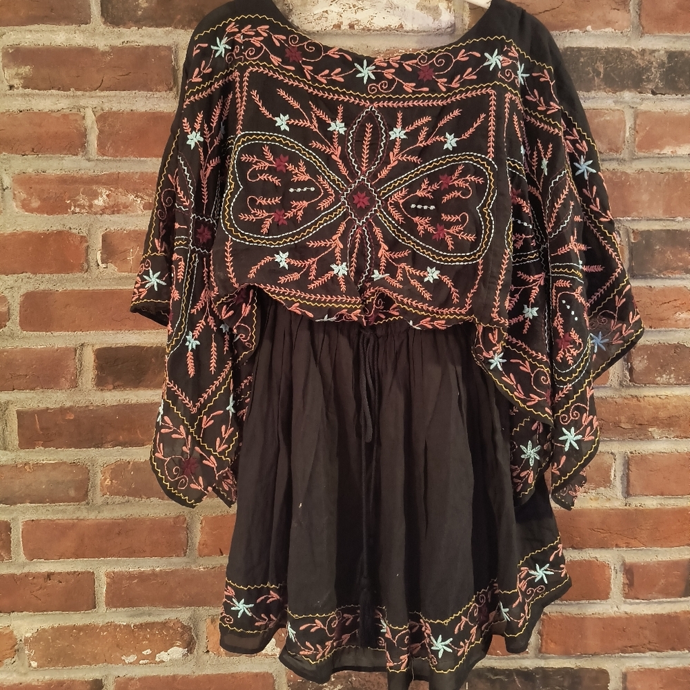 Free People Embroidered Black Boho Dress